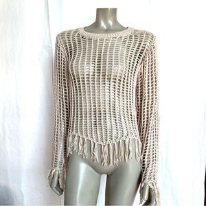 Beige Open-Knit Fringe Sweater